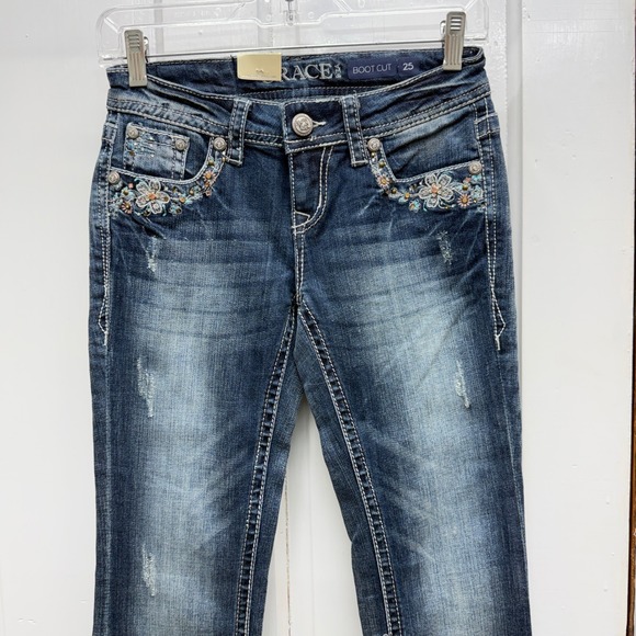 NWT Grace in LA Boot Cut Jeans Embellished Rhinestone Floral Womens 25 tall long - Picture 3 of 8
